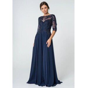 MGNY Madeline Gardner Navy Embellished Gown Size 10, 3/4 Sleeve Elegant Evening